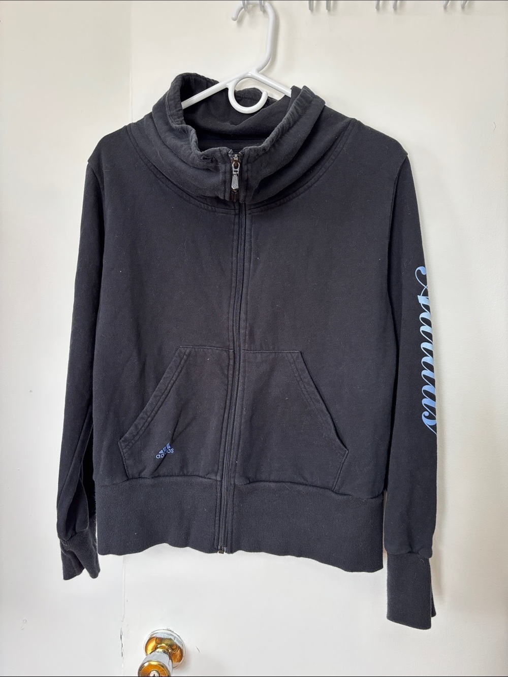 🎉4/30$🎉 adidas Black Zip-Up Hoodie with Blue Script Sleeve